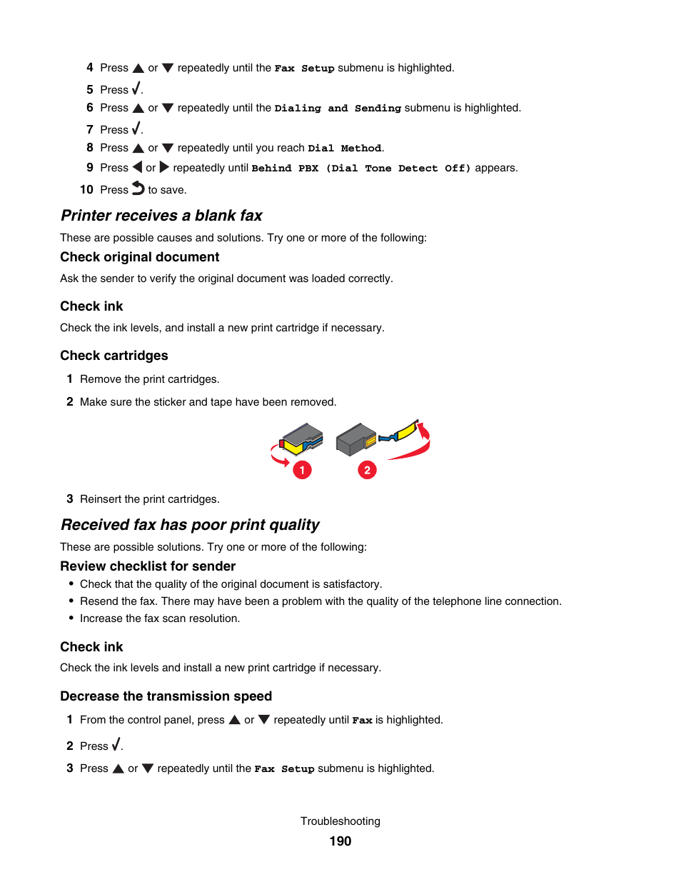 Printer receives a blank fax, Received fax has poor print quality | Lexmark 7500 Series User Manual | Page 190 / 227