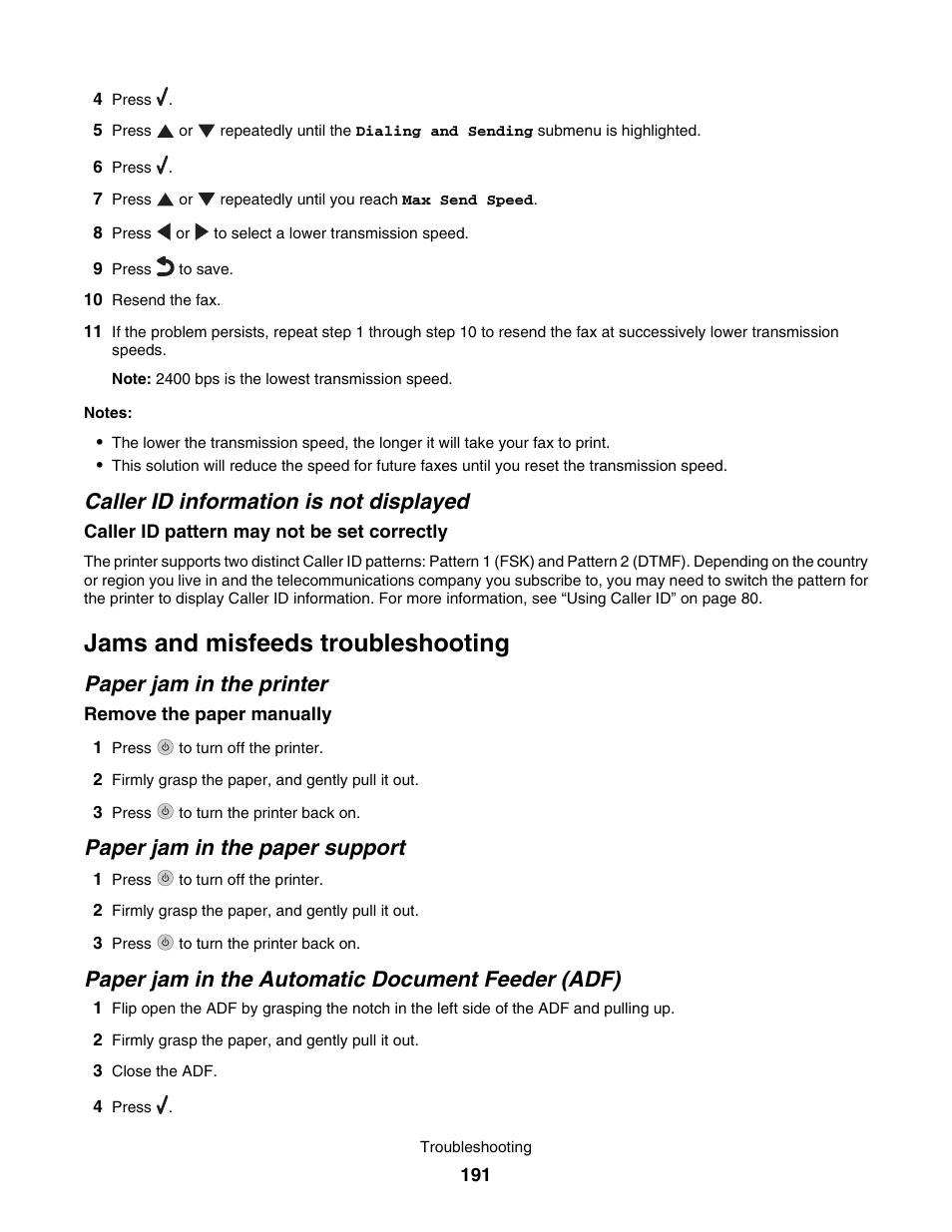 Caller id information is not displayed, Jams and misfeeds troubleshooting, Paper jam in the printer | Paper jam in the paper support, Paper jam in the automatic document feeder (adf) | Lexmark 7500 Series User Manual | Page 191 / 227