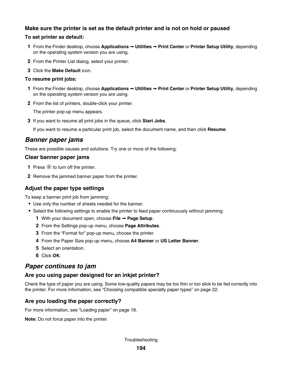 Banner paper jams, Paper continues to jam | Lexmark 7500 Series User Manual | Page 194 / 227