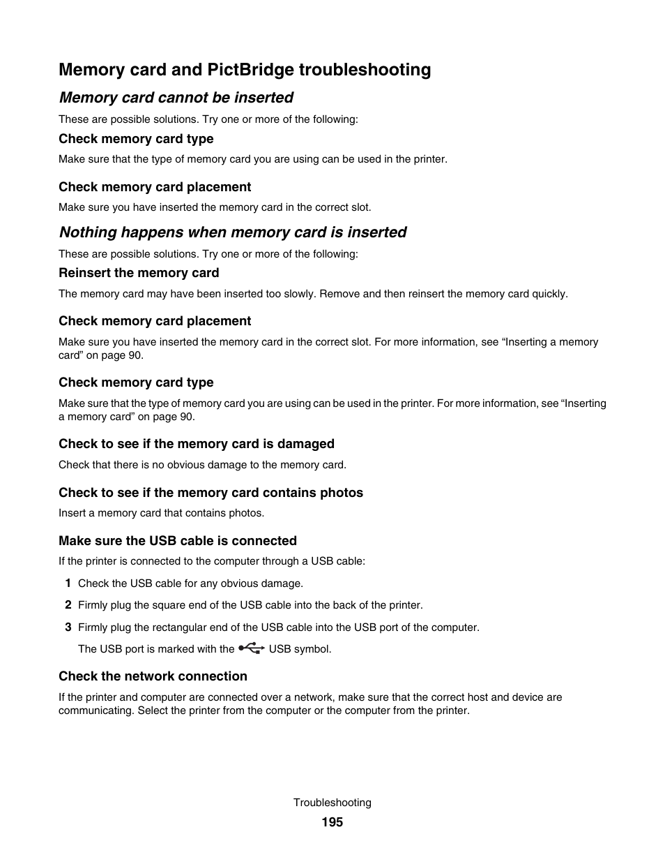 Memory card and pictbridge troubleshooting, Memory card cannot be inserted, Nothing happens when memory card is inserted | Lexmark 7500 Series User Manual | Page 195 / 227