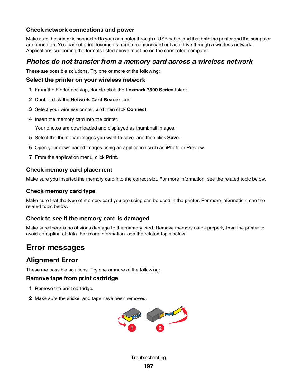 Error messages, Alignment error | Lexmark 7500 Series User Manual | Page 197 / 227