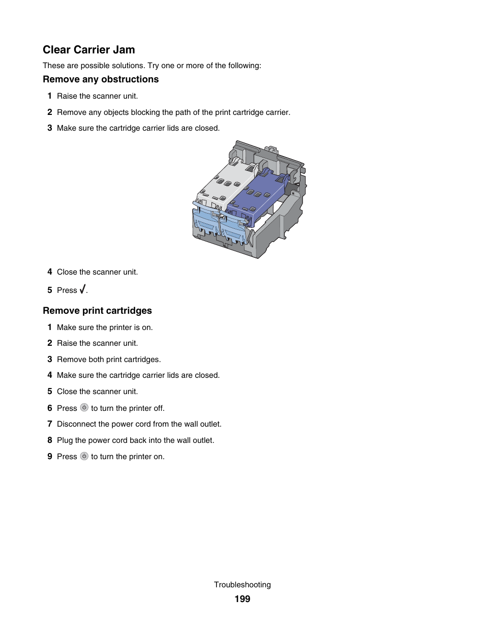 Clear carrier jam | Lexmark 7500 Series User Manual | Page 199 / 227