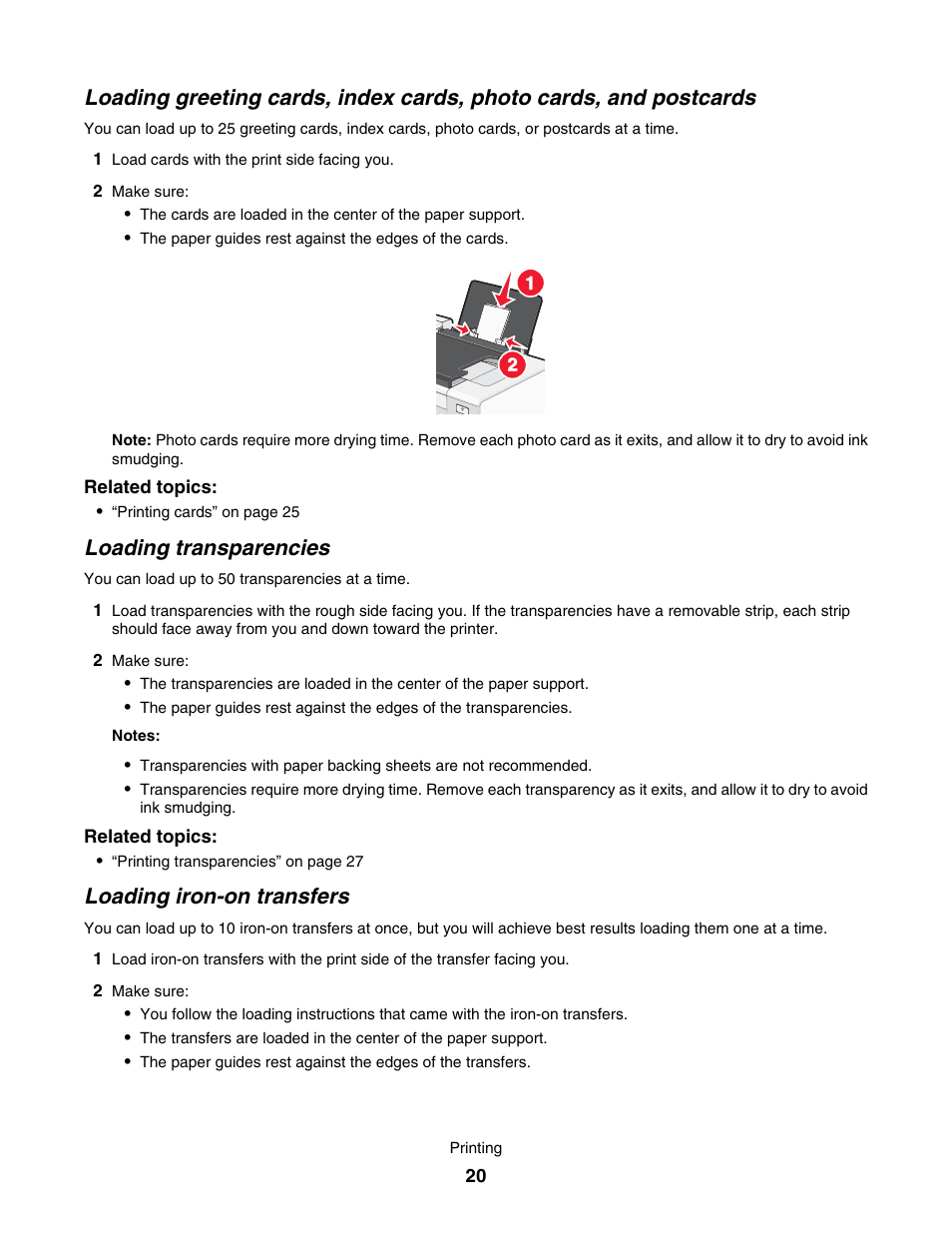 Loading transparencies, Loading iron-on transfers | Lexmark 7500 Series User Manual | Page 20 / 227