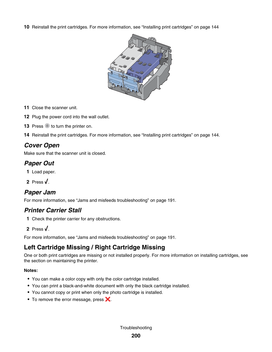 Cover open, Paper out, Paper jam | Printer carrier stall, Left cartridge missing /﻿ right cartridge missing, Left cartridge missing / right cartridge missing | Lexmark 7500 Series User Manual | Page 200 / 227