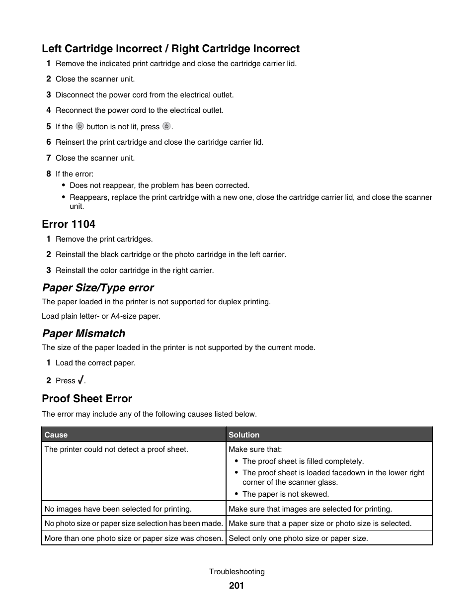 Error 1104, Paper size/﻿type error, Paper mismatch | Proof sheet error, Paper size/type error | Lexmark 7500 Series User Manual | Page 201 / 227