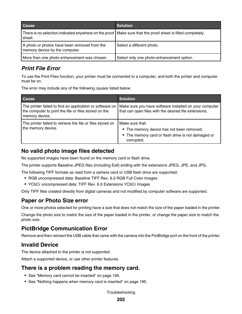 Print file error, No valid photo image files detected, Paper or photo size error | Pictbridge communication error, Invalid device, There is a problem reading the memory card | Lexmark 7500 Series User Manual | Page 202 / 227