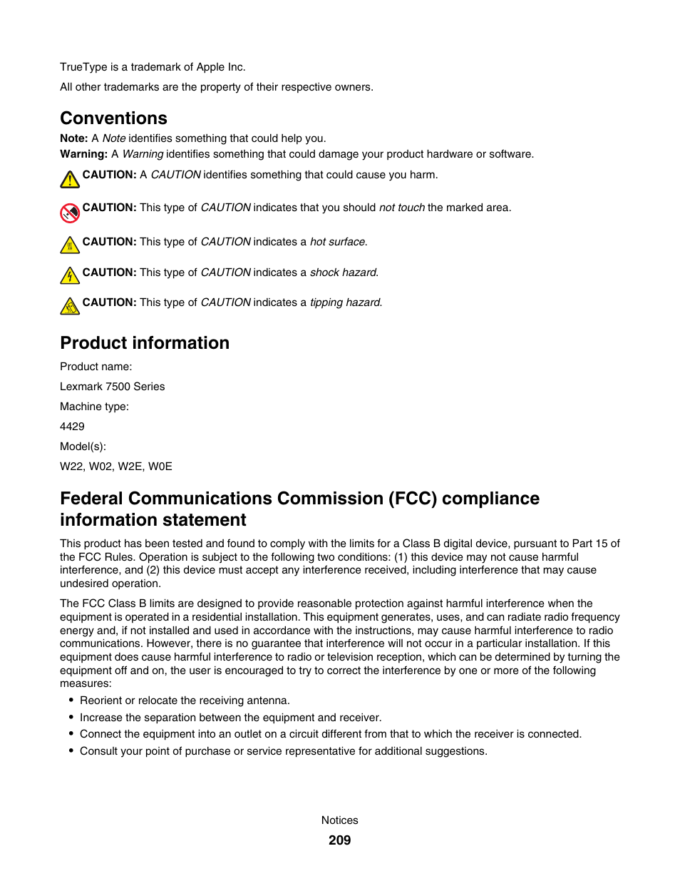 Conventions, Product information | Lexmark 7500 Series User Manual | Page 209 / 227