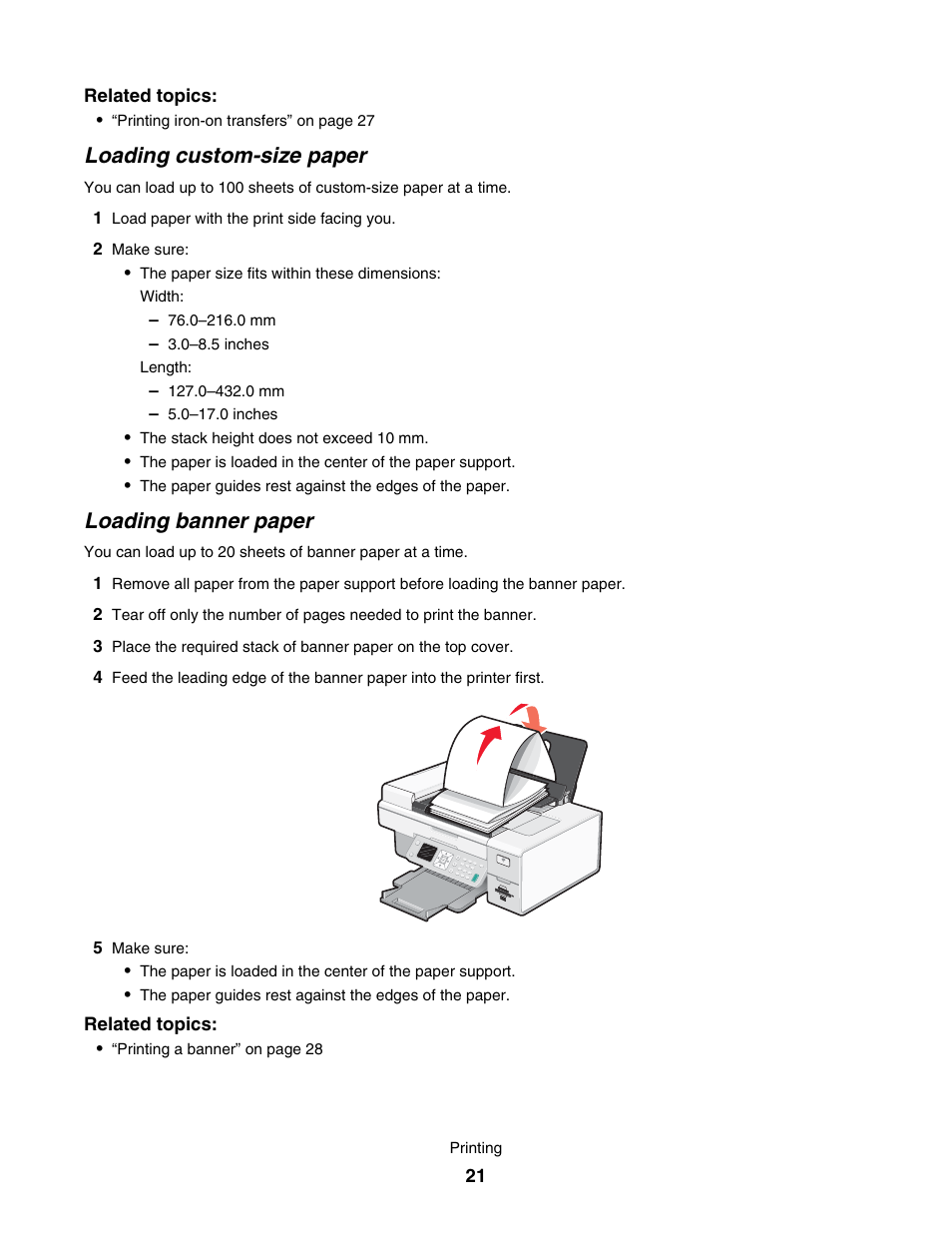 Loading custom-size paper, Loading banner paper | Lexmark 7500 Series User Manual | Page 21 / 227