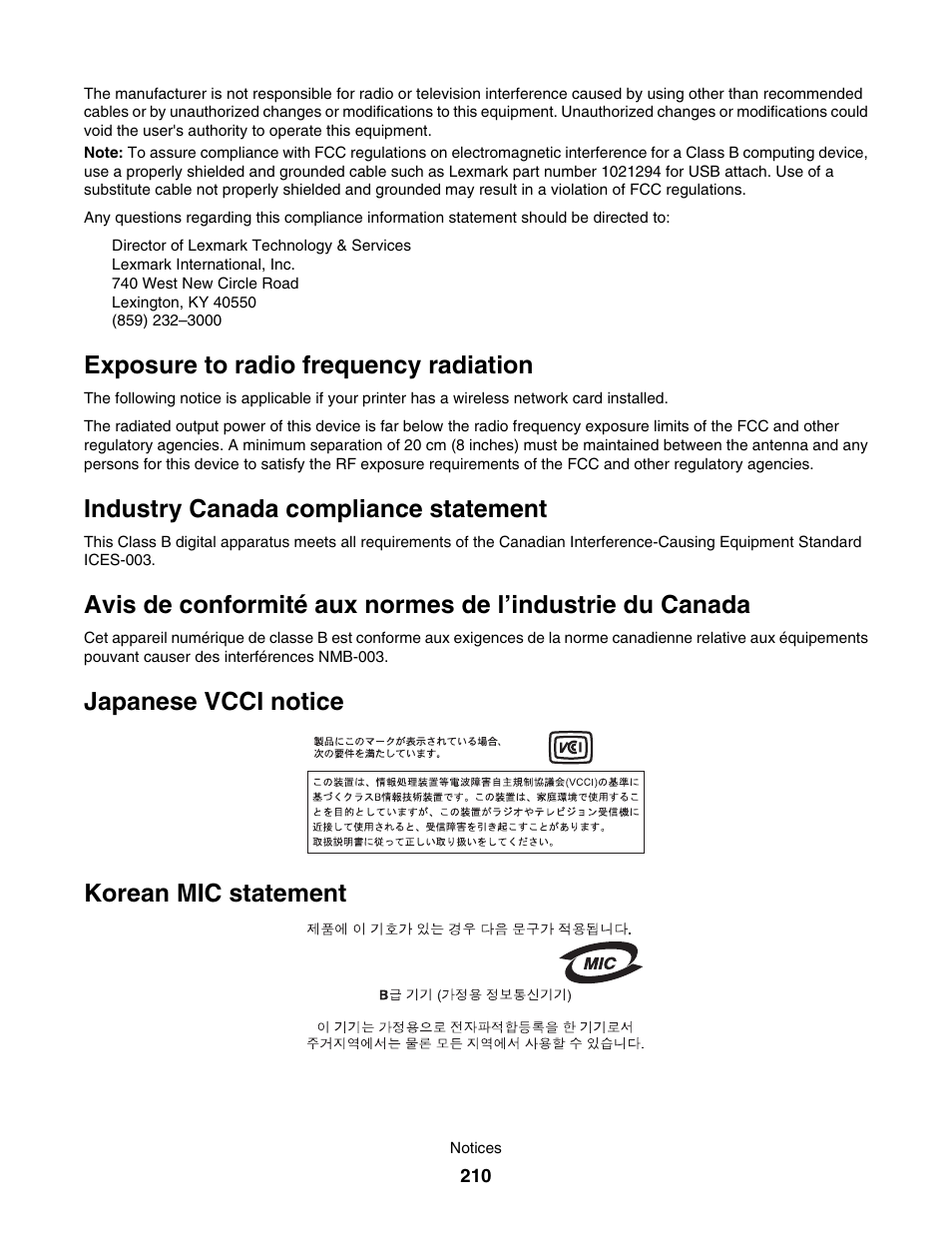 Exposure to radio frequency radiation, Japanese vcci notice, Korean mic statement | Industry canada compliance statement, Japanese vcci notice korean mic statement | Lexmark 7500 Series User Manual | Page 210 / 227