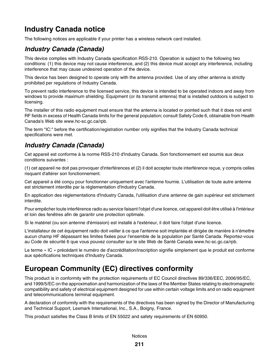 Industry canada notice, European community (ec) directives conformity, Industry canada (canada) | Lexmark 7500 Series User Manual | Page 211 / 227