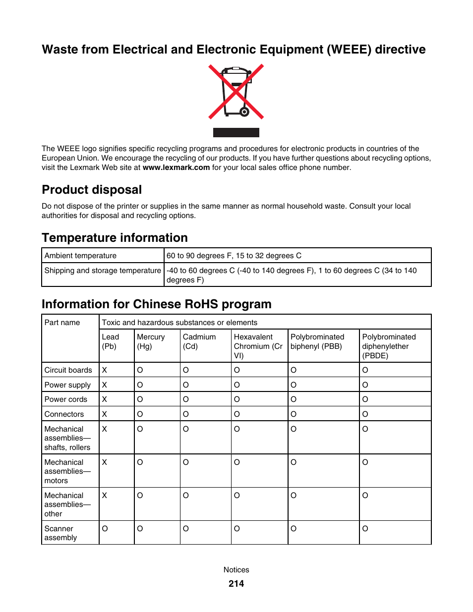 Product disposal, Temperature information, Information for chinese rohs program | Lexmark 7500 Series User Manual | Page 214 / 227