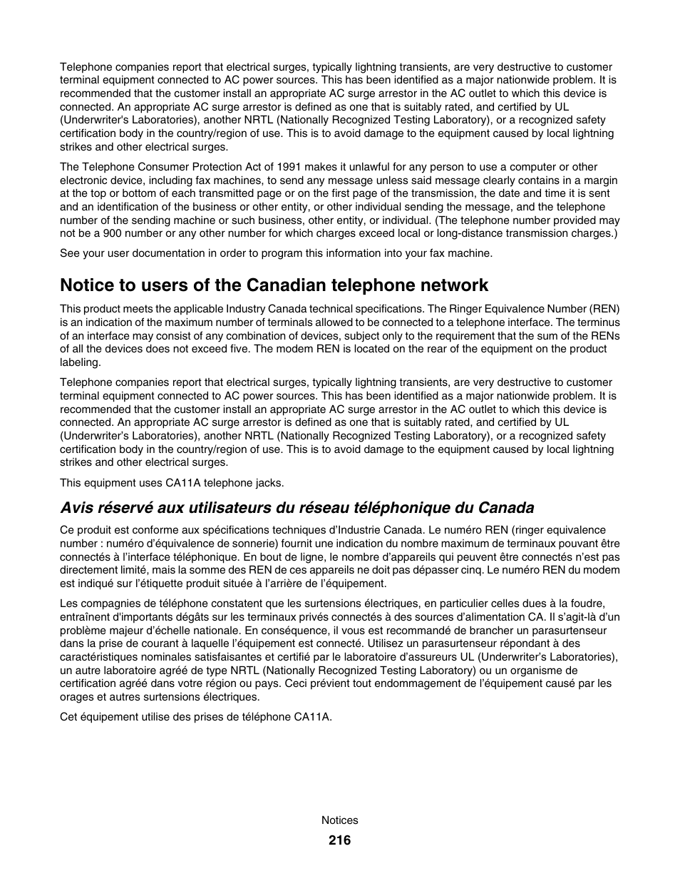 Notice to users of the canadian telephone network | Lexmark 7500 Series User Manual | Page 216 / 227