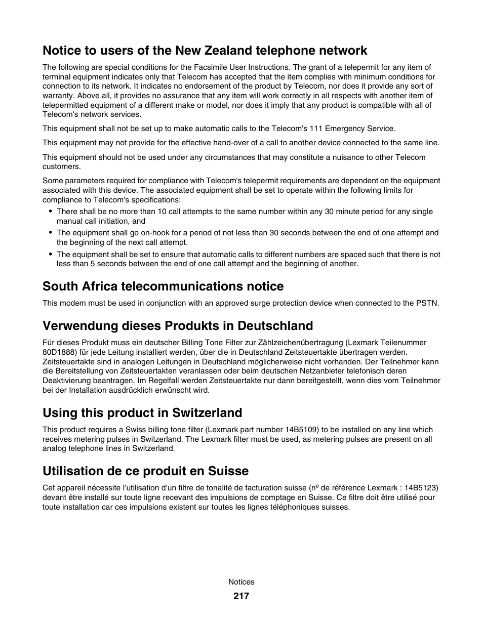 South africa telecommunications notice, Verwendung dieses produkts in deutschland, Using this product in switzerland | Utilisation de ce produit en suisse | Lexmark 7500 Series User Manual | Page 217 / 227