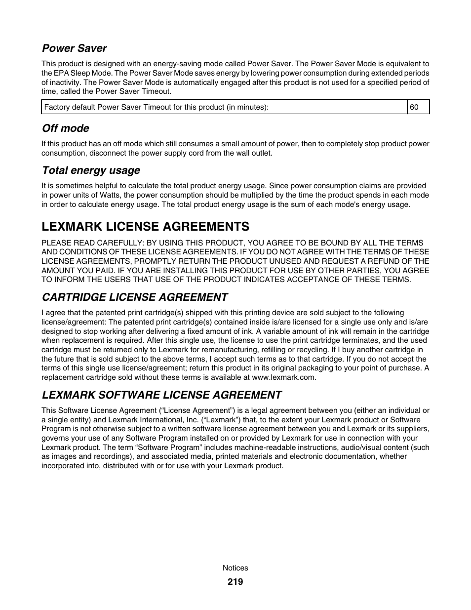 Power saver, Off mode, Total energy usage | Lexmark license agreements | Lexmark 7500 Series User Manual | Page 219 / 227