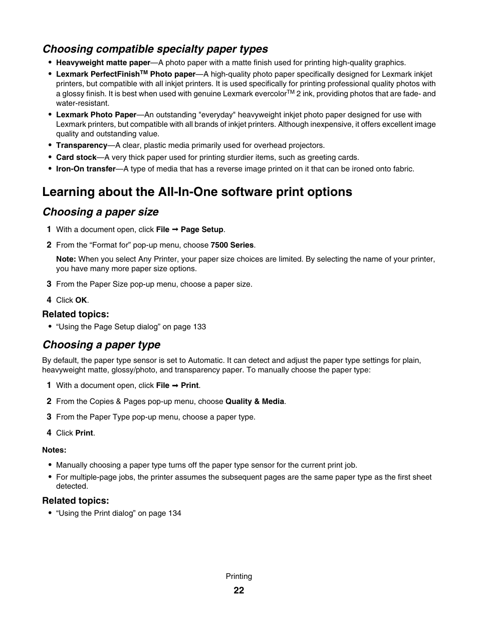 Choosing compatible specialty paper types, Choosing a paper size, Choosing a paper type | Lexmark 7500 Series User Manual | Page 22 / 227