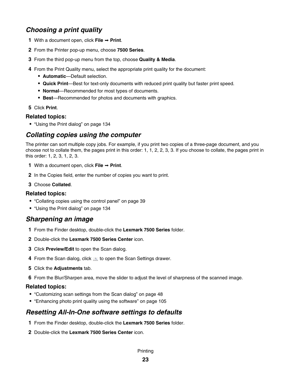 Choosing a print quality, Collating copies using the computer, Sharpening an image | Resetting all-in-one software settings to defaults | Lexmark 7500 Series User Manual | Page 23 / 227