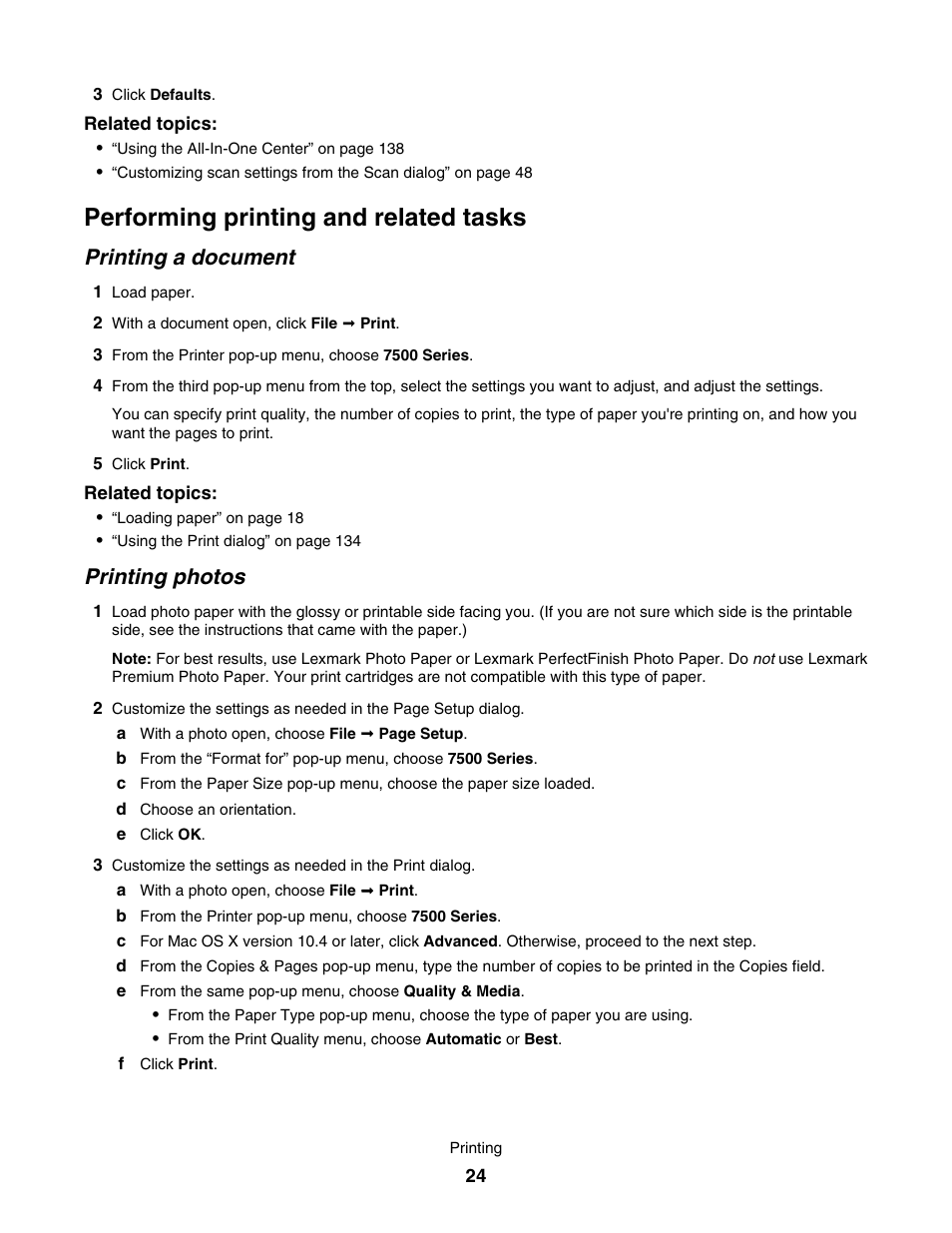 Performing printing and related tasks, Printing a document, Printing photos | Lexmark 7500 Series User Manual | Page 24 / 227