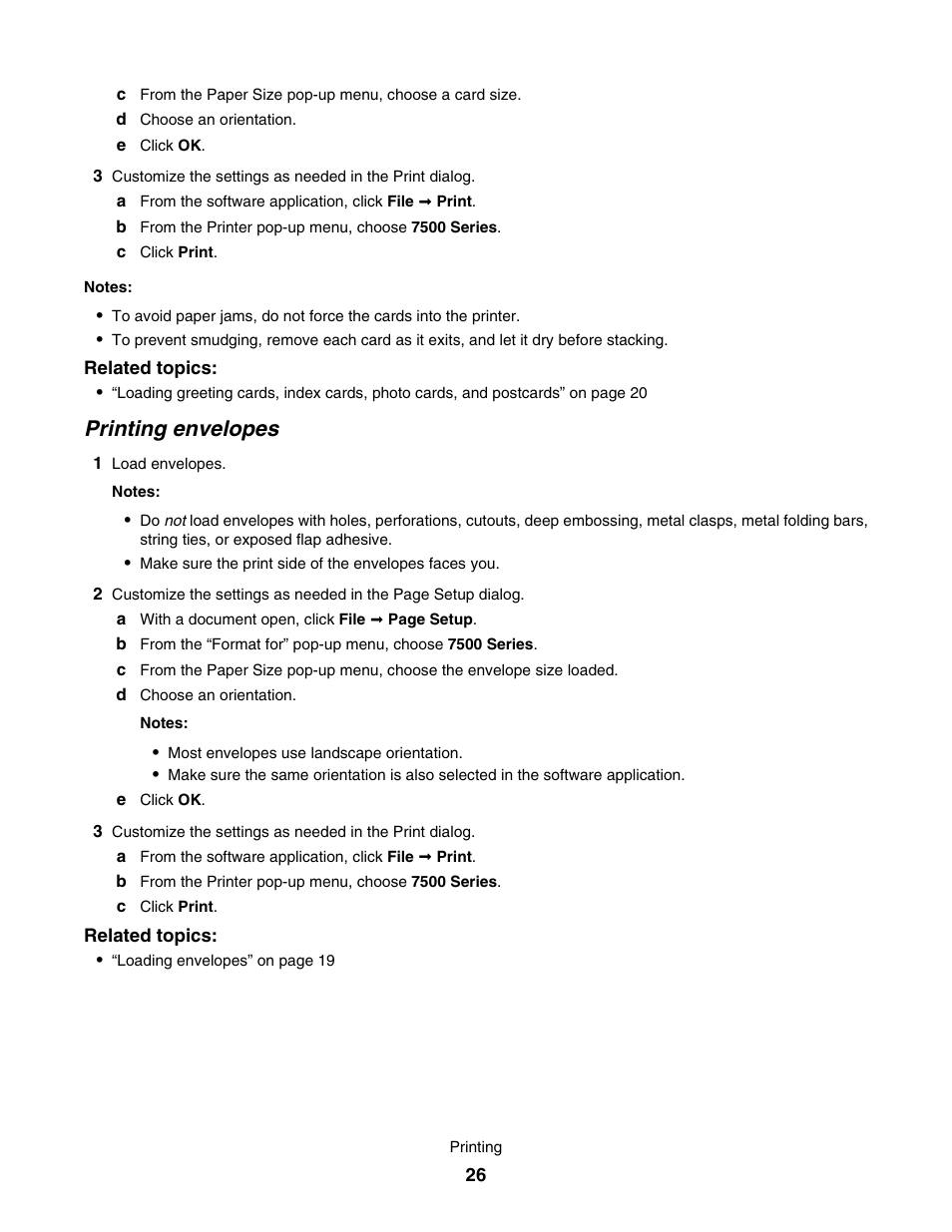 Printing envelopes | Lexmark 7500 Series User Manual | Page 26 / 227