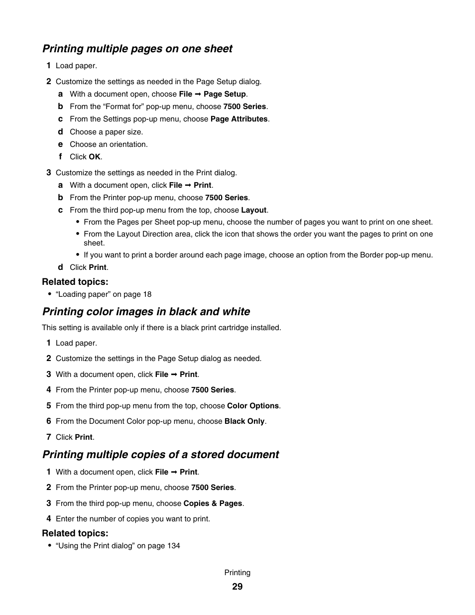 Printing color images in black and white, Printing multiple copies of a stored document, Printing multiple pages on one sheet | Lexmark 7500 Series User Manual | Page 29 / 227