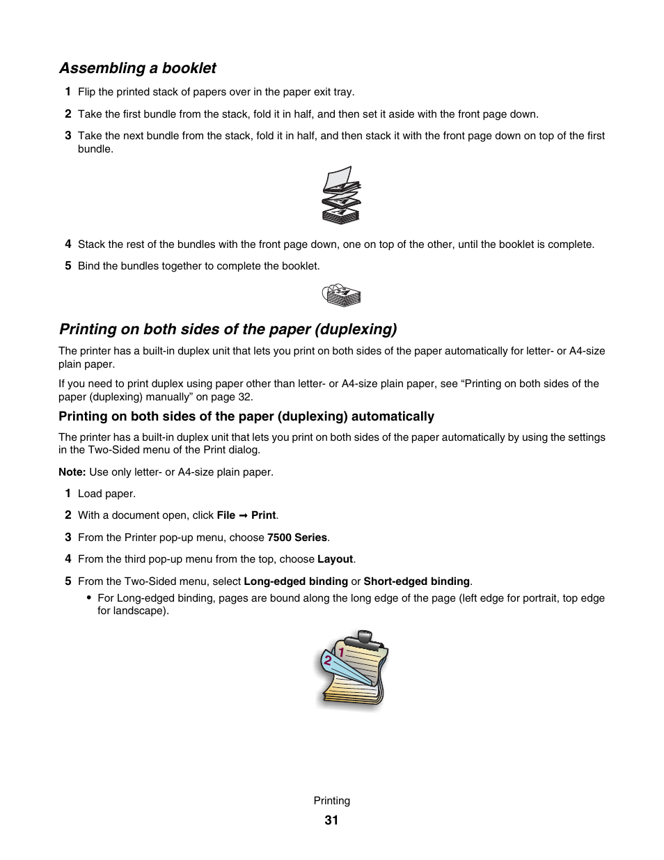 Assembling a booklet, Printing on both sides of the paper (duplexing) | Lexmark 7500 Series User Manual | Page 31 / 227