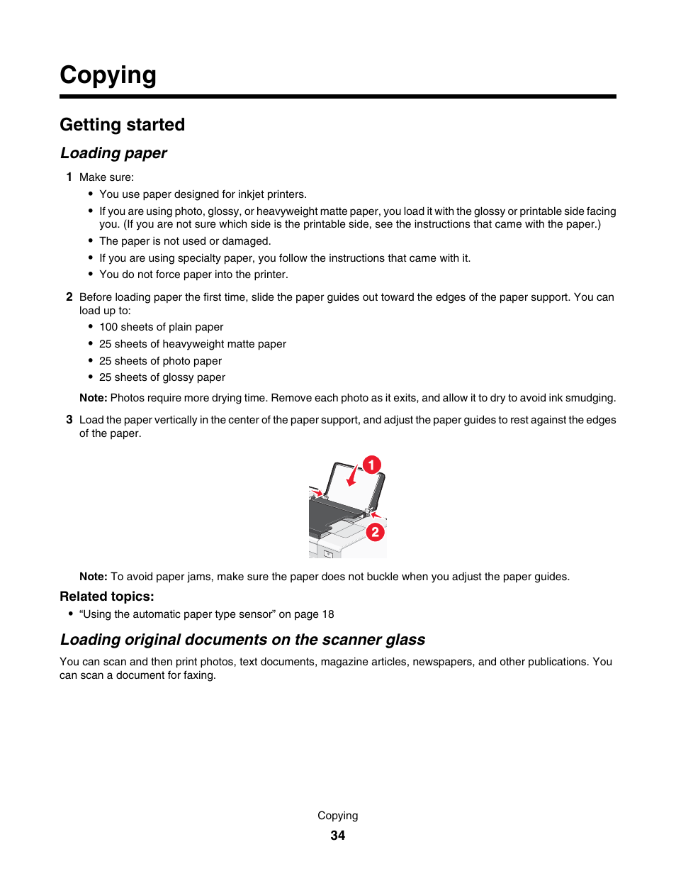 Copying, Getting started, Loading paper | Loading original documents on the scanner glass | Lexmark 7500 Series User Manual | Page 34 / 227