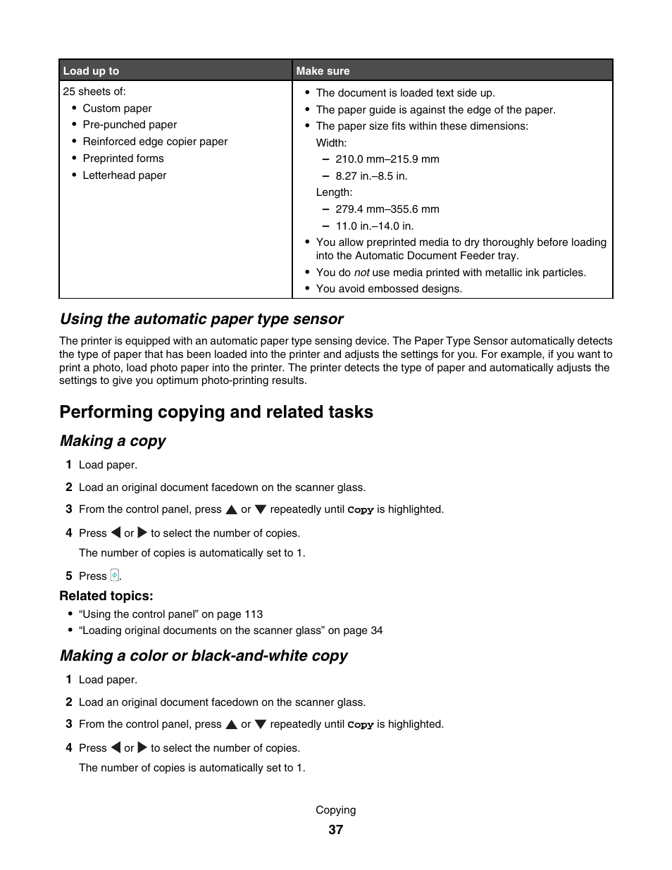 Using the automatic paper type sensor, Performing copying and related tasks, Making a copy | Making a color or black-and-white copy | Lexmark 7500 Series User Manual | Page 37 / 227