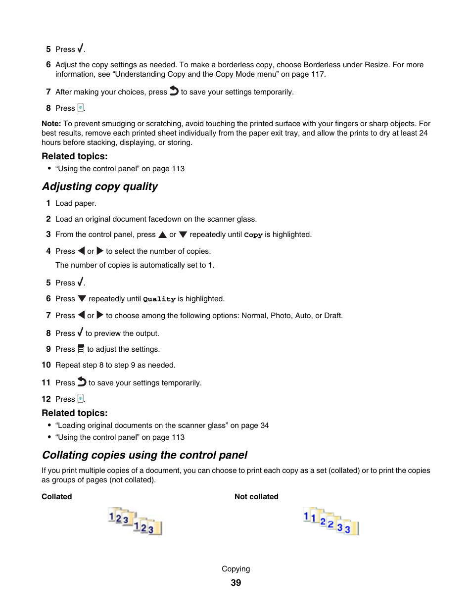 Adjusting copy quality, Collating copies using the control panel | Lexmark 7500 Series User Manual | Page 39 / 227