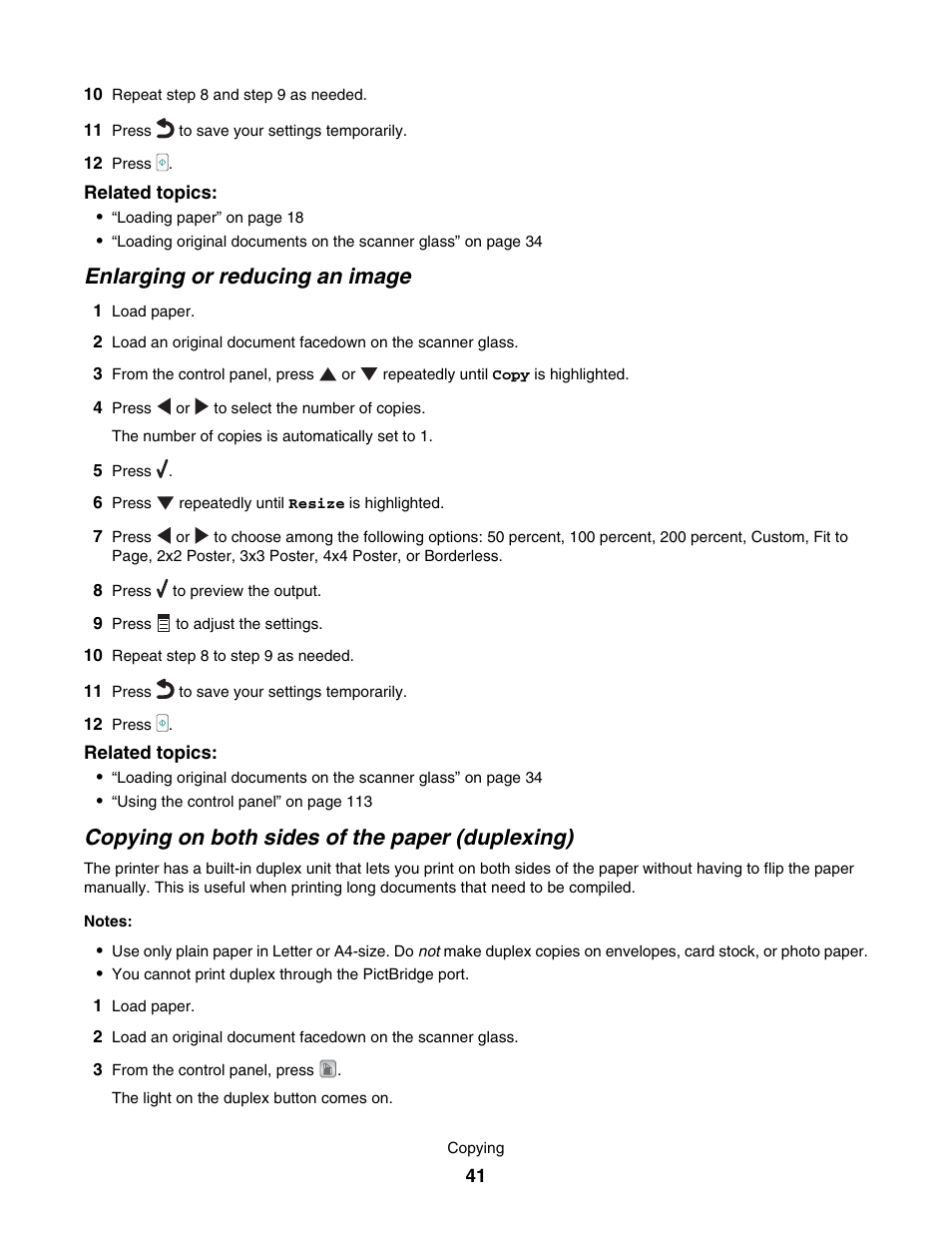 Enlarging or reducing an image, Copying on both sides of the paper (duplexing) | Lexmark 7500 Series User Manual | Page 41 / 227