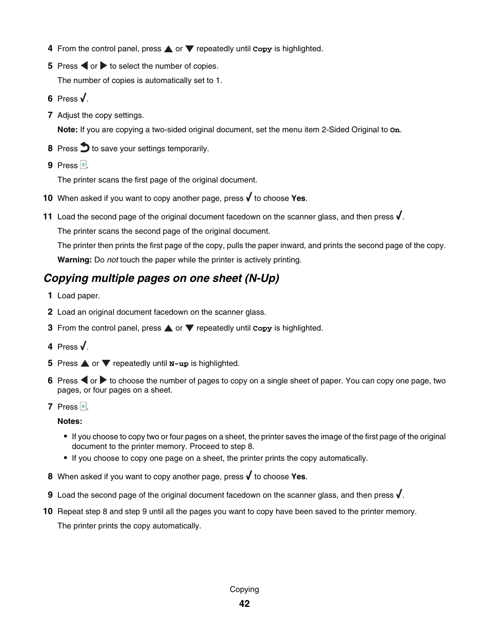 Copying multiple pages on one sheet (n-up) | Lexmark 7500 Series User Manual | Page 42 / 227