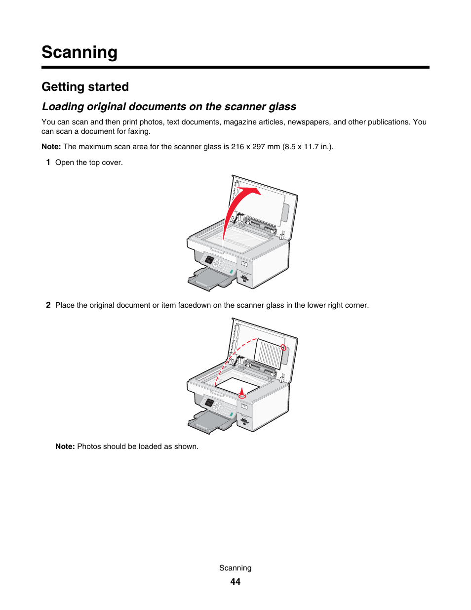 Scanning, Getting started, Loading original documents on the scanner glass | Lexmark 7500 Series User Manual | Page 44 / 227