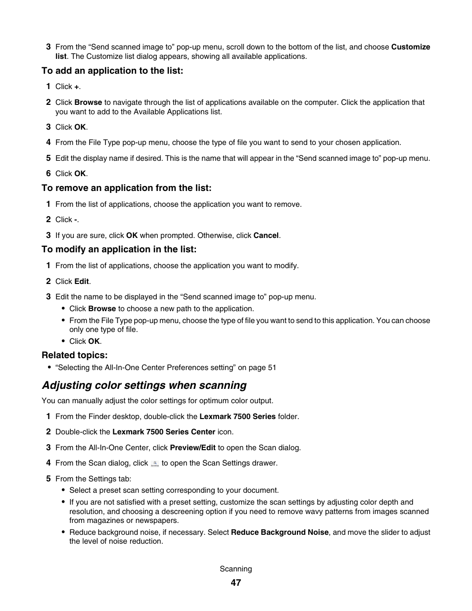 Adjusting color settings when scanning | Lexmark 7500 Series User Manual | Page 47 / 227