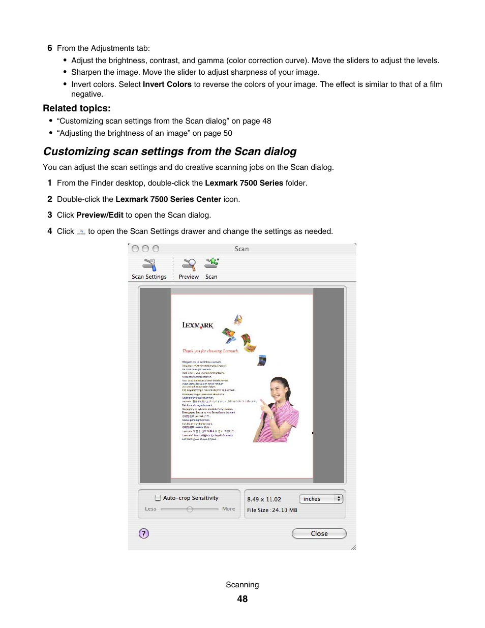 Customizing scan settings from the scan dialog | Lexmark 7500 Series User Manual | Page 48 / 227