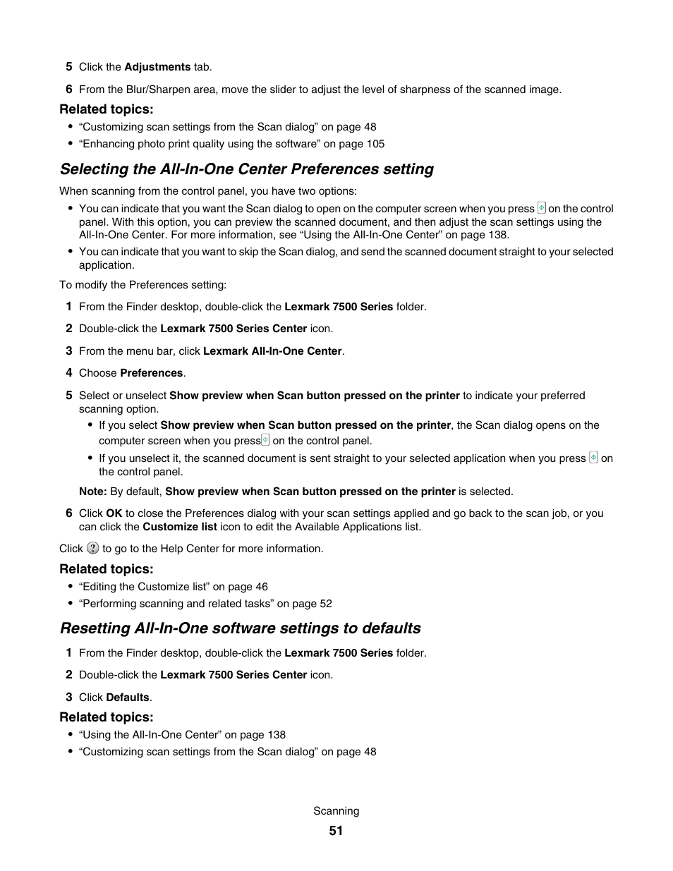 Resetting all-in-one software settings to defaults | Lexmark 7500 Series User Manual | Page 51 / 227
