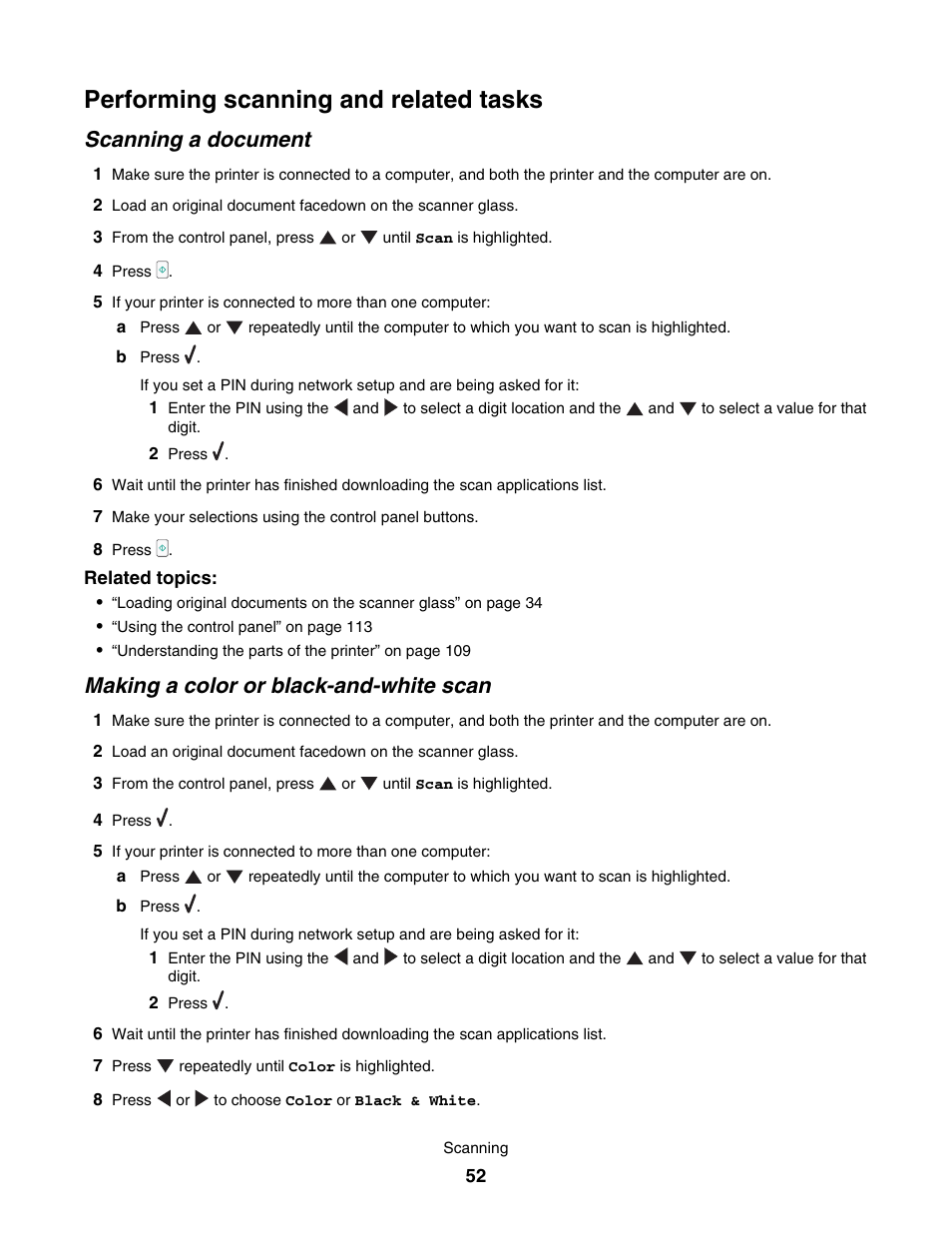 Performing scanning and related tasks, Scanning a document, Making a color or black-and-white scan | Lexmark 7500 Series User Manual | Page 52 / 227