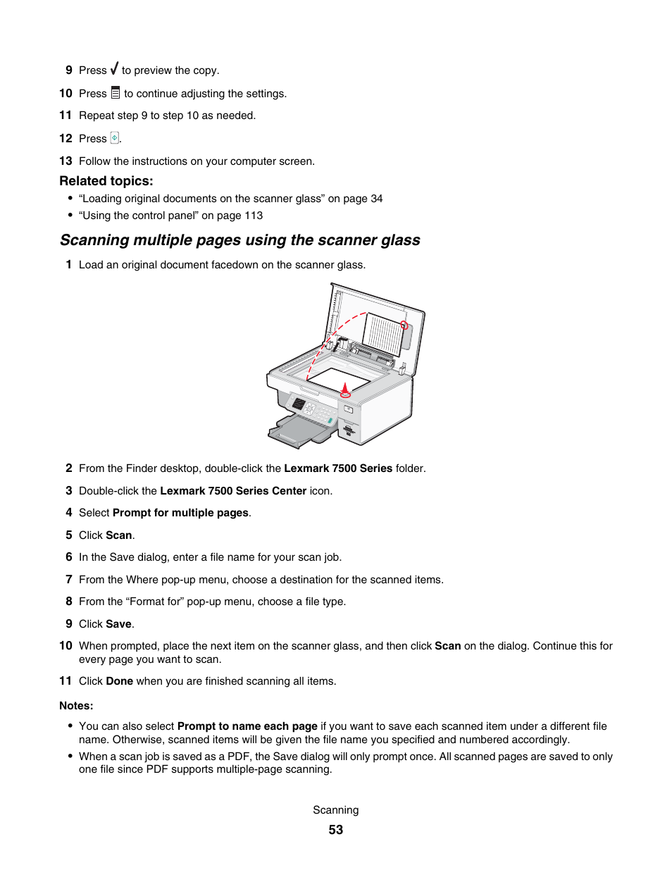 Scanning multiple pages using the scanner glass | Lexmark 7500 Series User Manual | Page 53 / 227