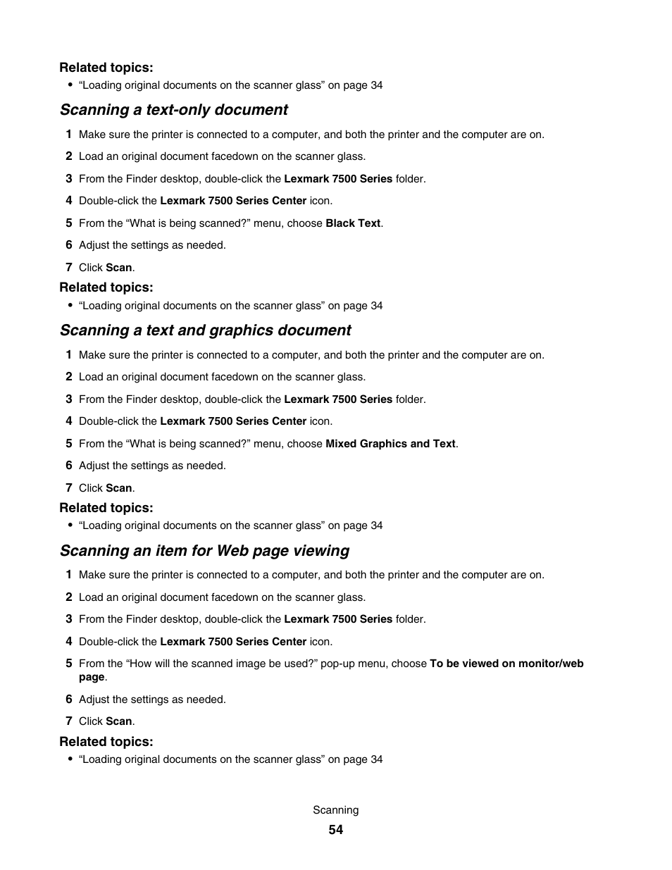 Scanning a text-only document, Scanning a text and graphics document, Scanning an item for web page viewing | Lexmark 7500 Series User Manual | Page 54 / 227