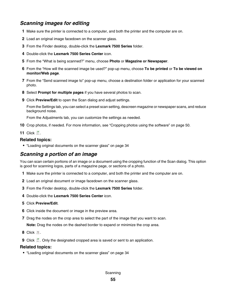 Scanning images for editing, Scanning a portion of an image | Lexmark 7500 Series User Manual | Page 55 / 227