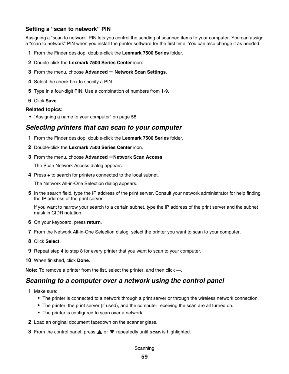 Selecting printers that can scan to your computer | Lexmark 7500 Series User Manual | Page 59 / 227
