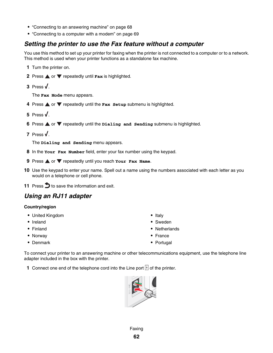 Using an rj11 adapter | Lexmark 7500 Series User Manual | Page 62 / 227