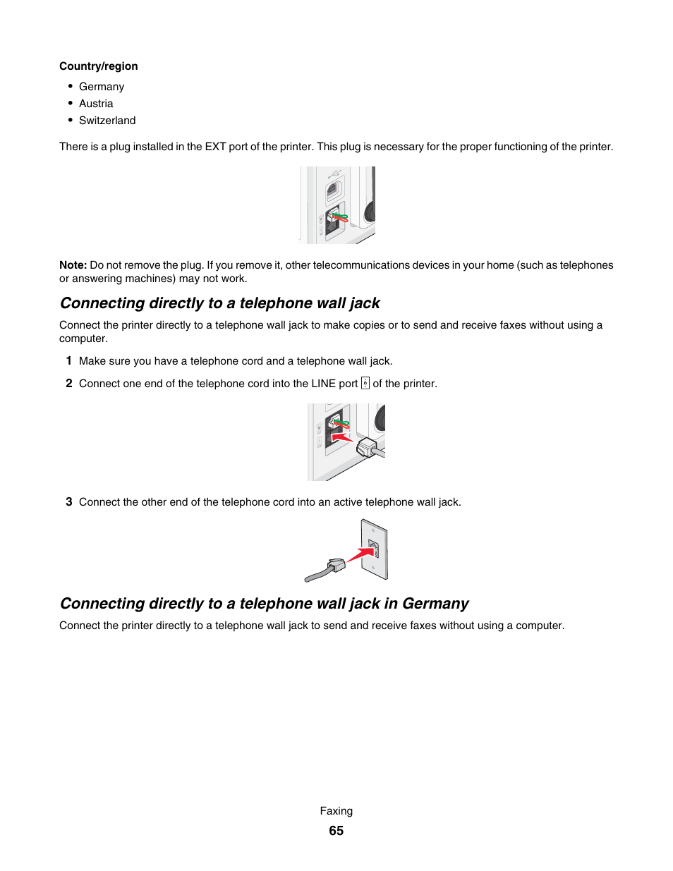 Connecting directly to a telephone wall jack | Lexmark 7500 Series User Manual | Page 65 / 227