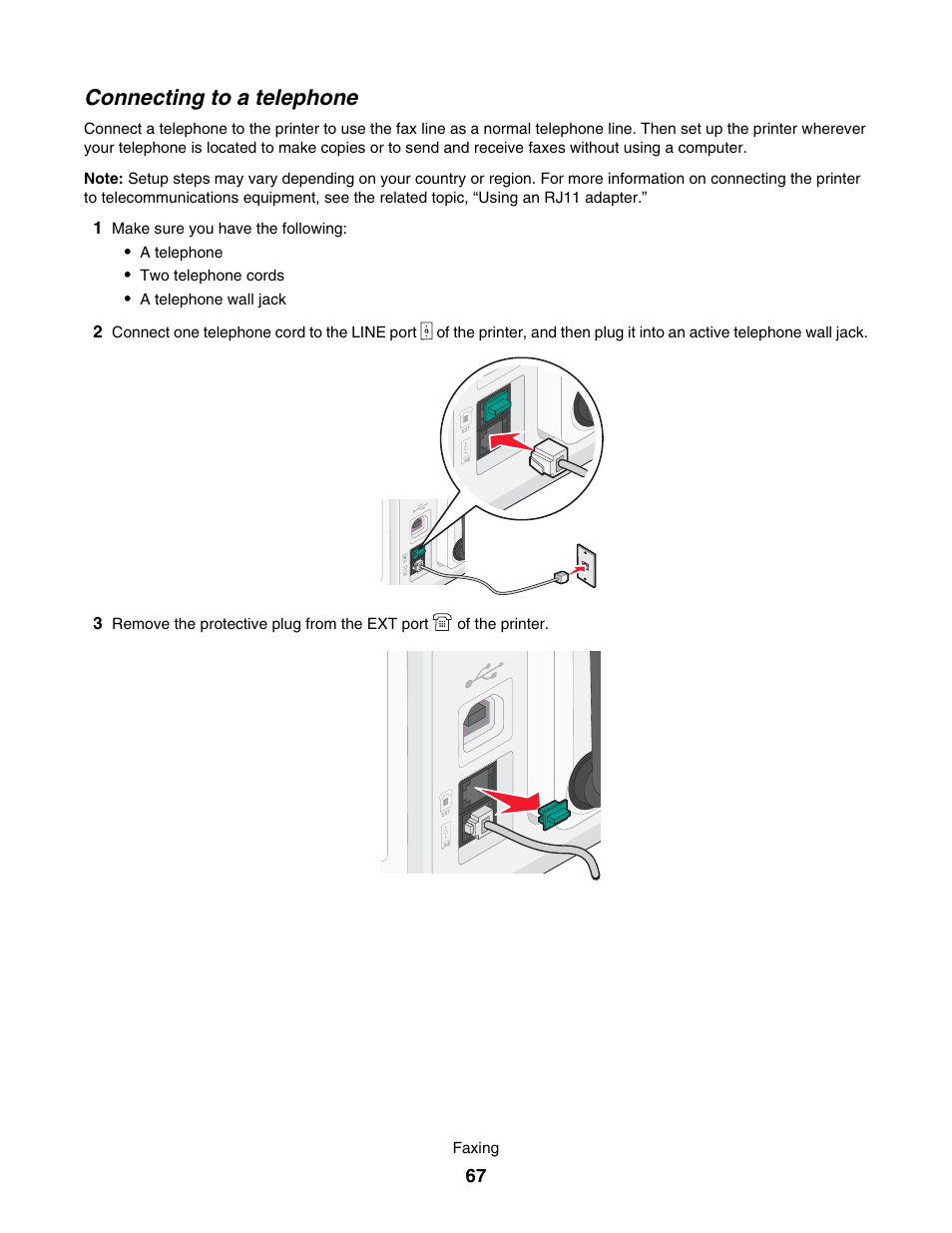 Connecting to a telephone | Lexmark 7500 Series User Manual | Page 67 / 227