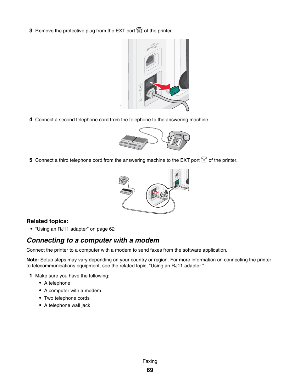 Connecting to a computer with a modem | Lexmark 7500 Series User Manual | Page 69 / 227