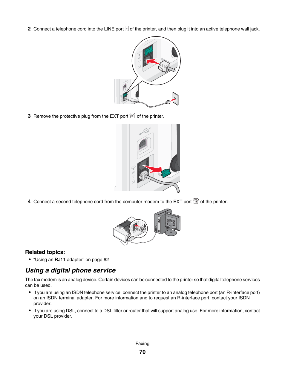 Using a digital phone service | Lexmark 7500 Series User Manual | Page 70 / 227