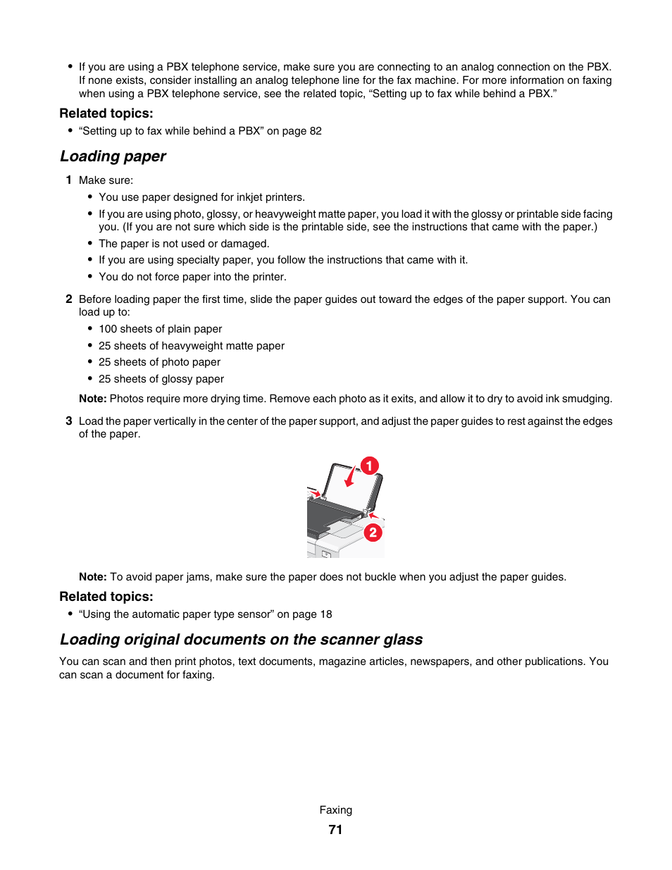Loading paper, Loading original documents on the scanner glass | Lexmark 7500 Series User Manual | Page 71 / 227