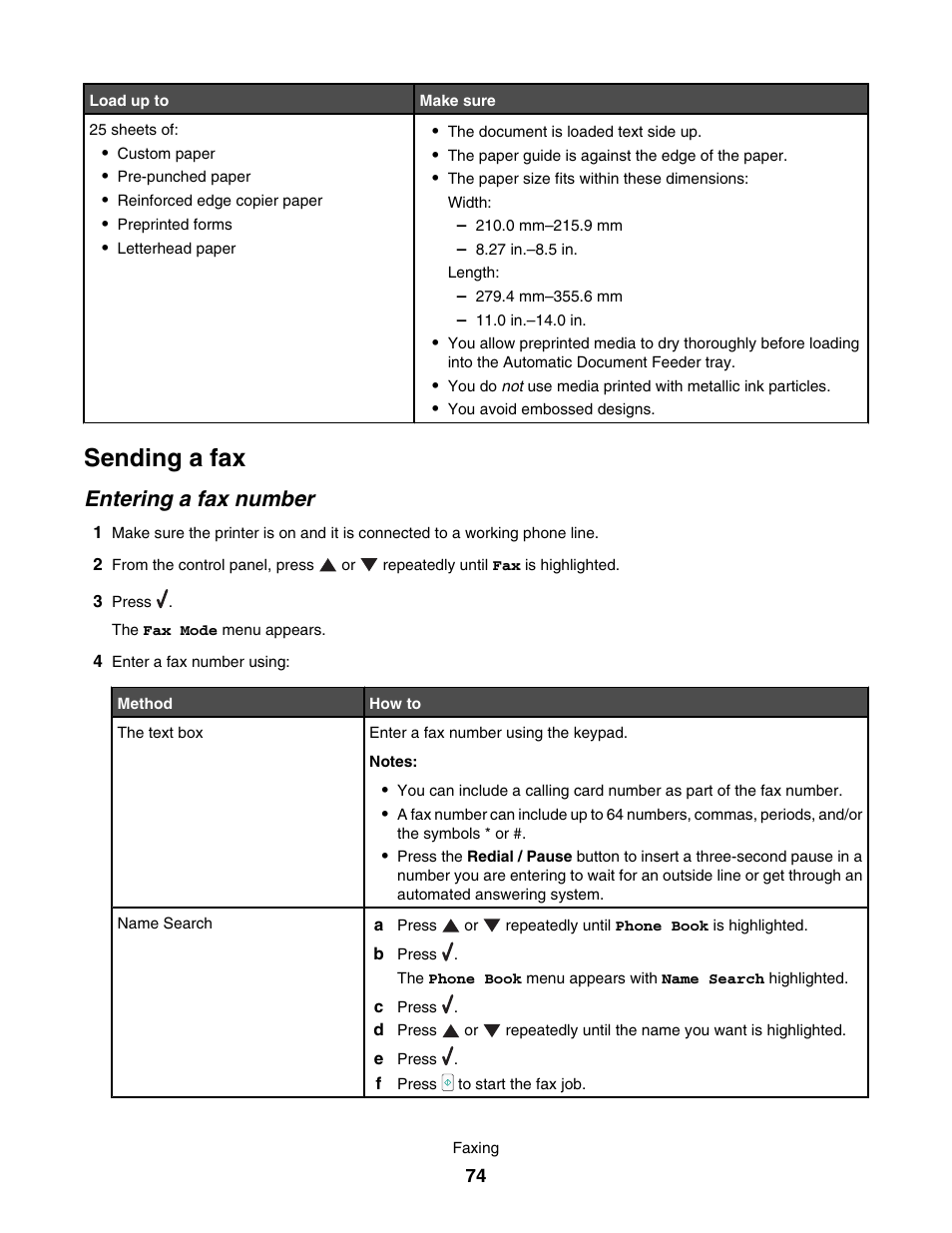 Sending a fax, Entering a fax number | Lexmark 7500 Series User Manual | Page 74 / 227