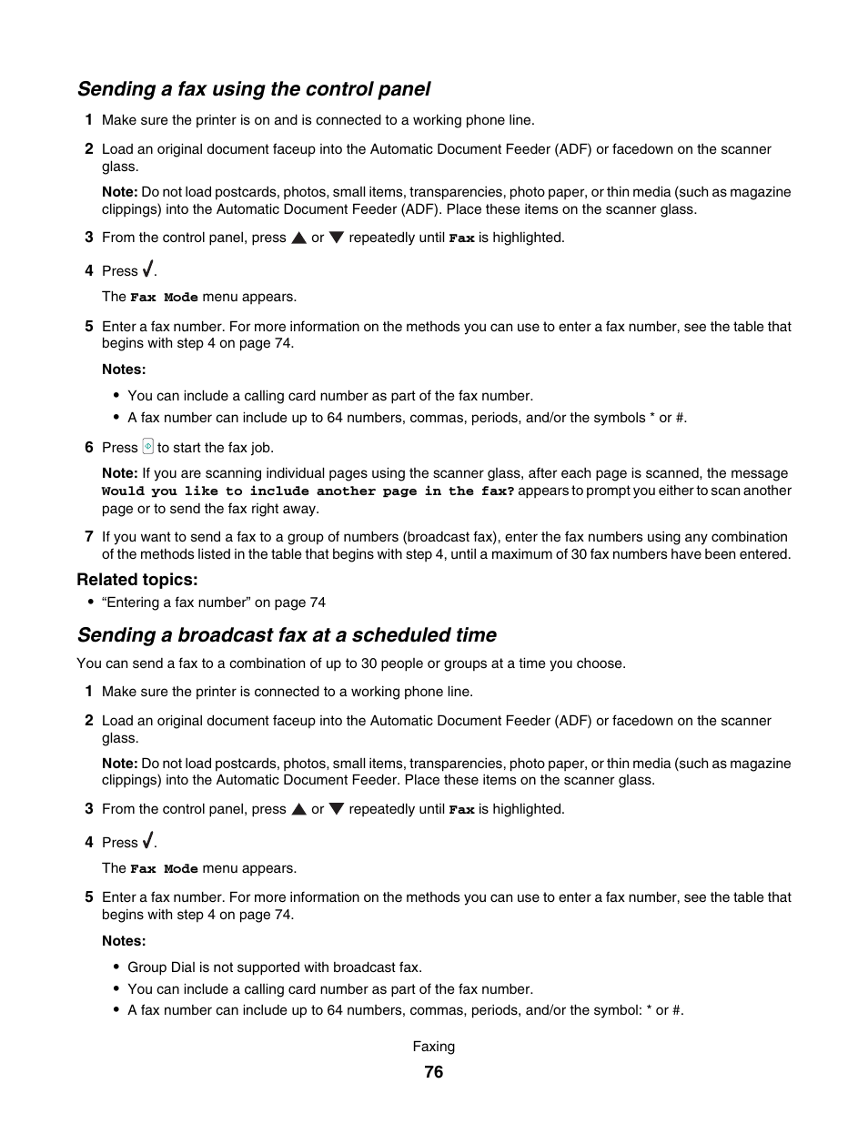 Sending a fax using the control panel, Sending a broadcast fax at a scheduled time | Lexmark 7500 Series User Manual | Page 76 / 227