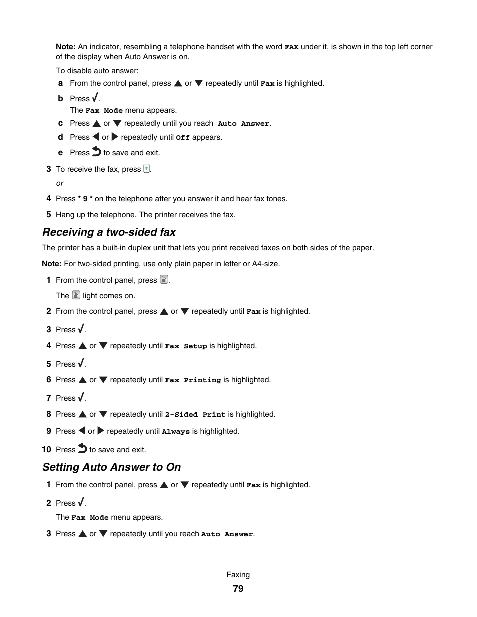Receiving a two-sided fax, Setting auto answer to on | Lexmark 7500 Series User Manual | Page 79 / 227
