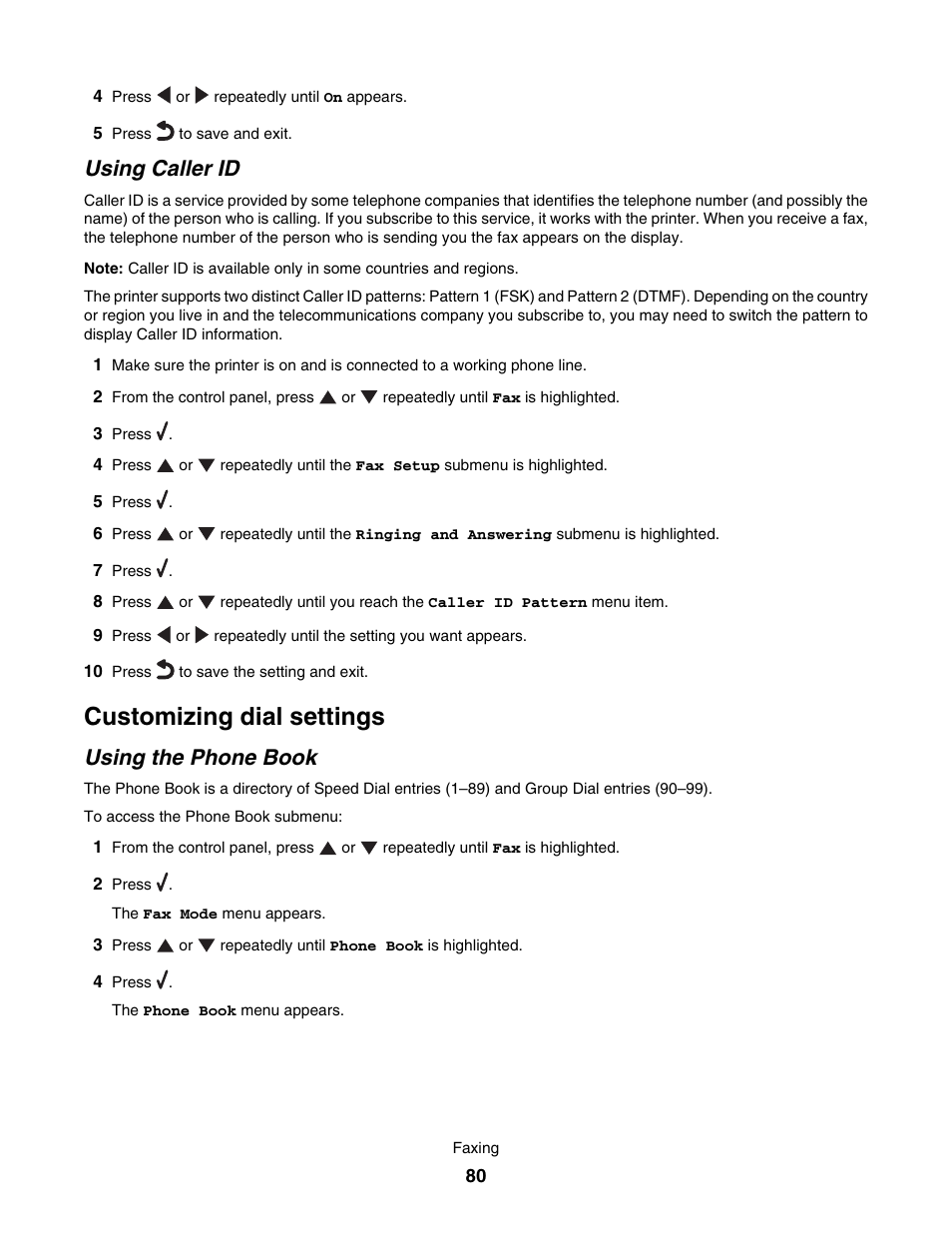 Using caller id, Customizing dial settings, Using the phone book | Lexmark 7500 Series User Manual | Page 80 / 227