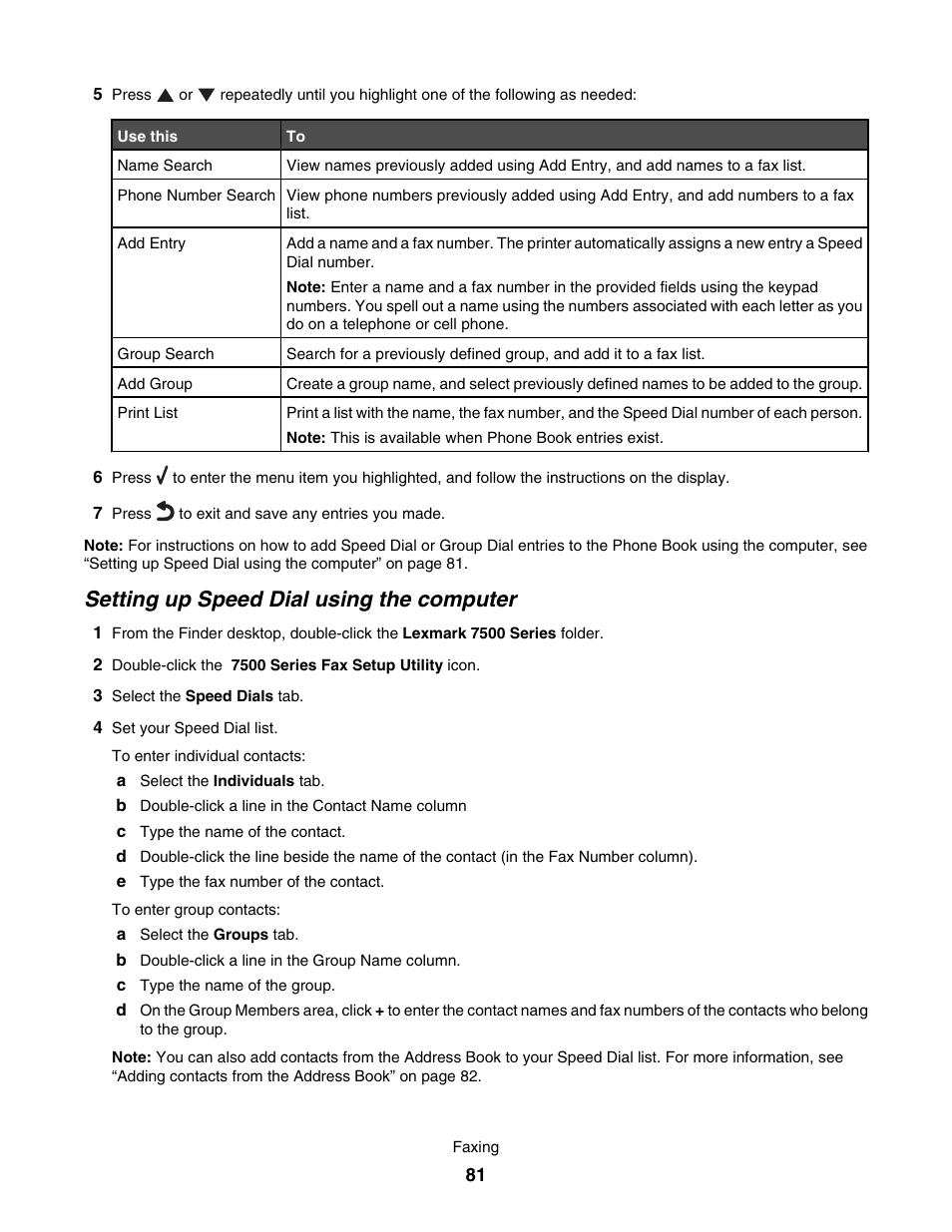 Setting up speed dial using the computer | Lexmark 7500 Series User Manual | Page 81 / 227