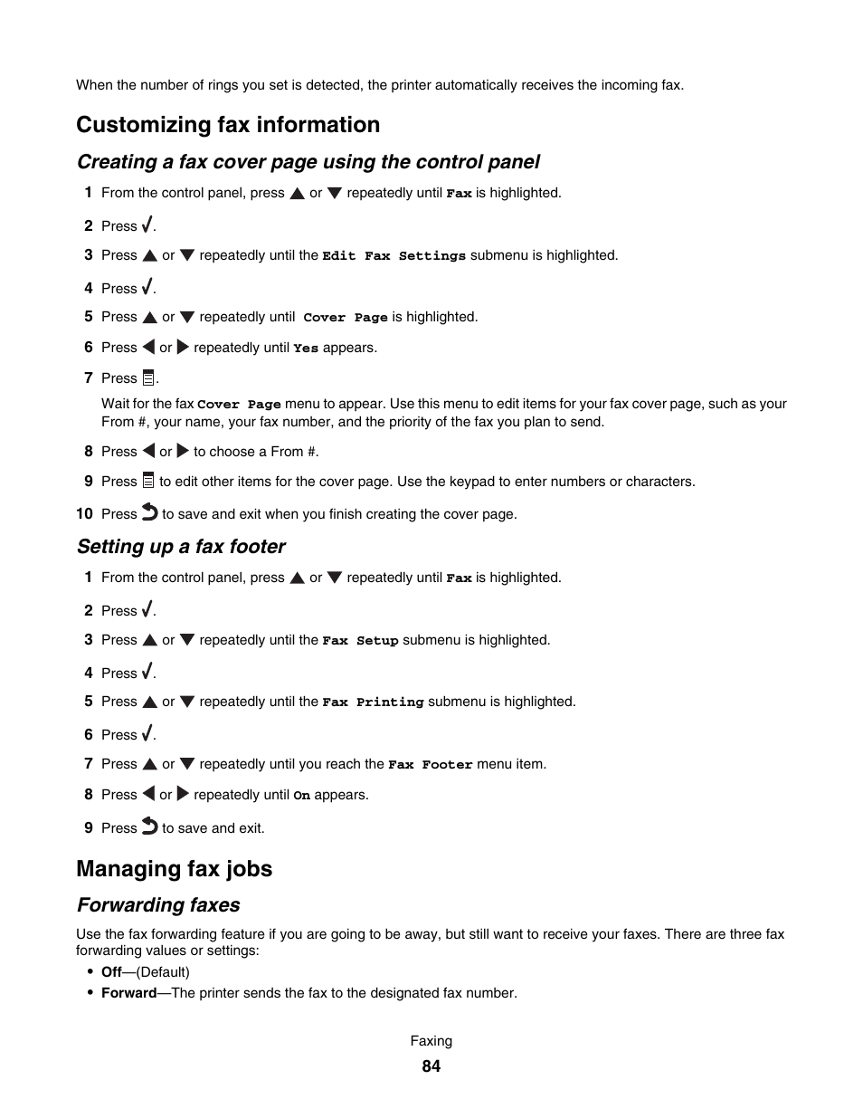 Customizing fax information, Setting up a fax footer, Managing fax jobs | Forwarding faxes, Creating a fax cover page using the control panel | Lexmark 7500 Series User Manual | Page 84 / 227